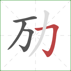 劢的笔顺第4画：横折钩