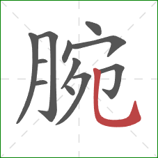 腕的笔顺第12画:竖弯钩 腕的笔顺第12画:竖弯钩