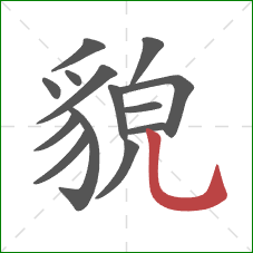 貌的笔顺第14画：竖弯钩